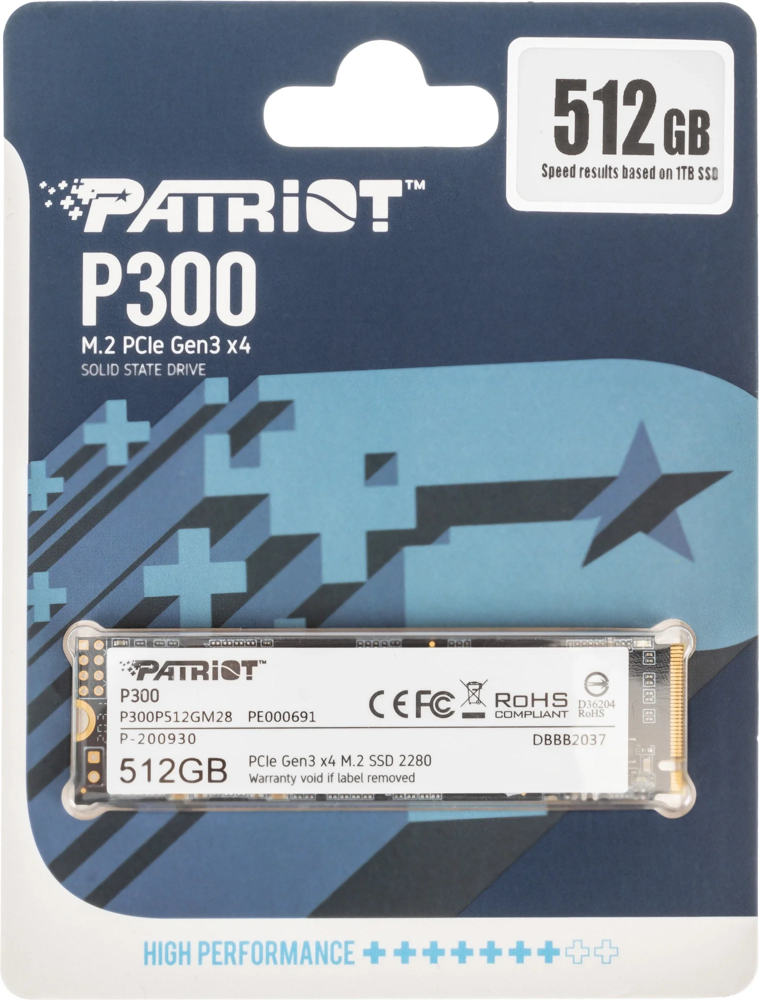 Твердотельный накопитель Patriot P300 P300P512GM28, 512 ГБ, M.2 2280, NVMe PCIe 3.0 x4