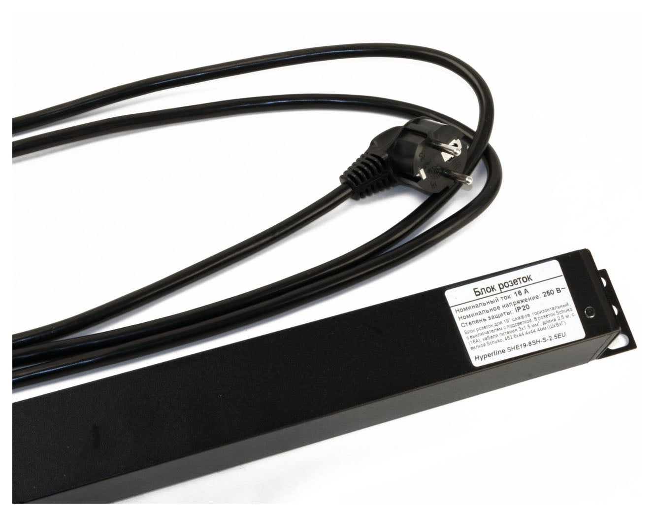 Блок розеток Hyperline SHE19-8SH-S-2.5EU, 19", 8×Schuko, 2.5 м