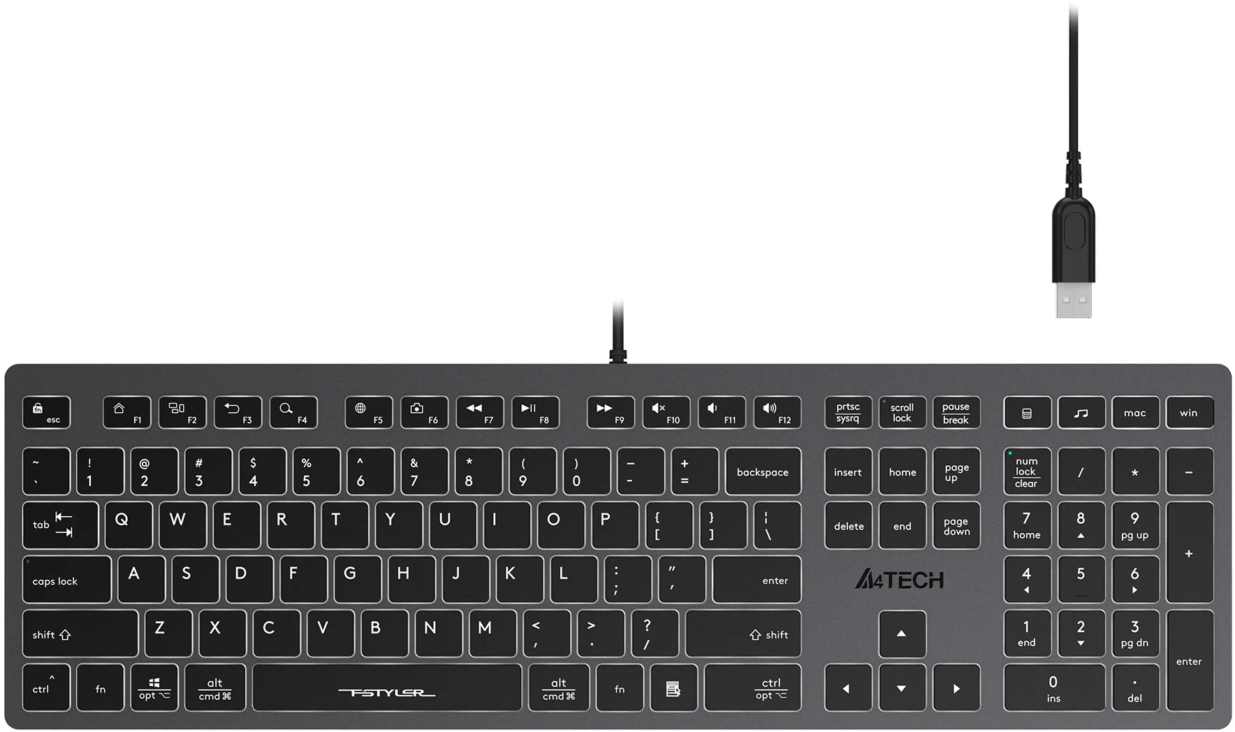 Клавиатура A4Tech Fstyler FX60H GREY/WHITE, USB, 109 клавиш, подсветка, серый/белый