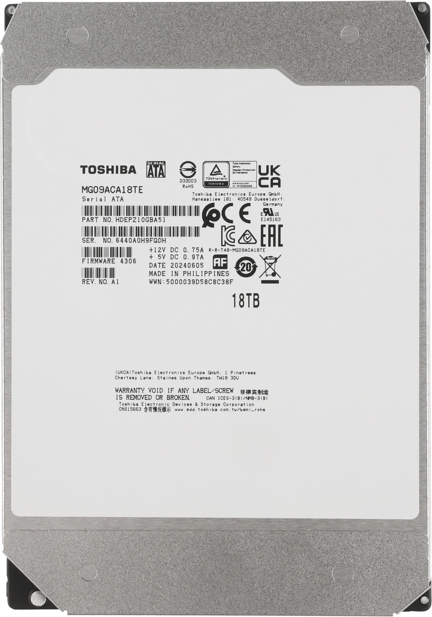 Жесткий диск Toshiba MG09ACA18TE, 18 ТБ, 3.5" SATA 6 Гбит/с, 7200 об/мин, 512 МБ