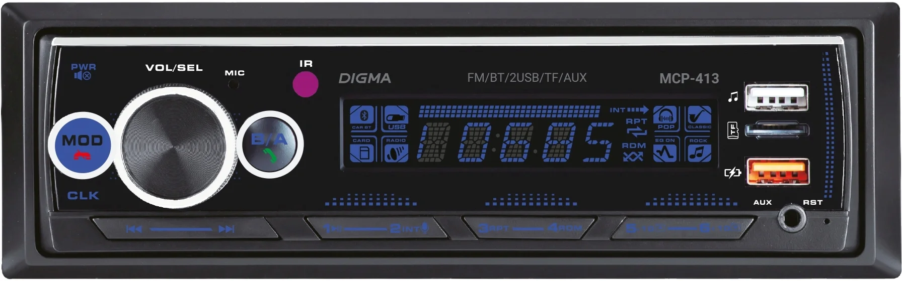 Автомагнитола Digma MCP-413, 1 DIN, Bluetooth 5.0, USB, AUX, 4×45 Вт