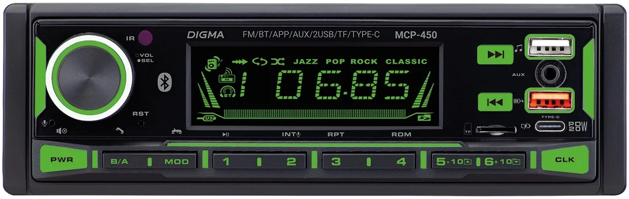 Автомагнитола Digma MCP-450, 1 DIN, Bluetooth 5.0, USB 2.0, AUX, 4x45 Вт