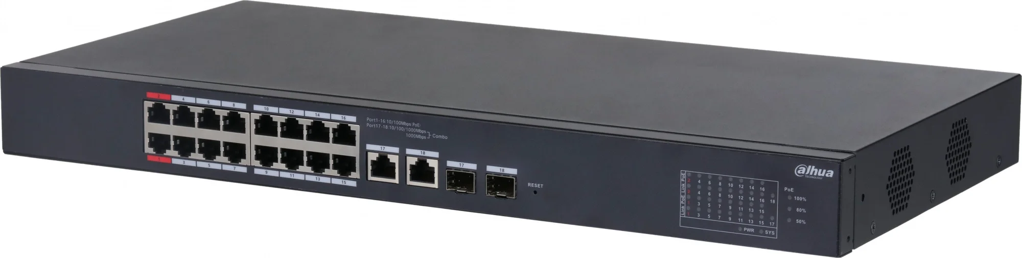 Коммутатор Dahua DH-CS4218-16ET-240, 16×100M PoE, 2×Combo GbE/SFP, PoE 240 Вт