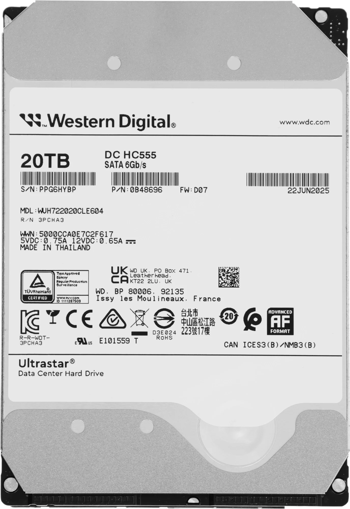 Жесткий диск WD Ultrastar DC HC555 0B48696, 20 ТБ, SATA III, 3.5", 7200 об/мин