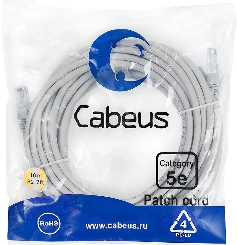 Патч-корд Cabeus PC-UTP-RJ45-Cat.5e-10m-LSZH, U/UTP, кат.5e, RJ45–RJ45, 10 м, LSZH