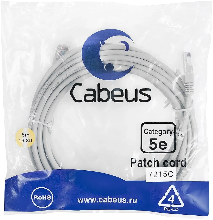 Патч-корд Cabeus PC-UTP-RJ45-Cat.5e-5m, U/UTP кат.5e, 2×RJ45, медь AWG 24, ПВХ, 5 м, серый