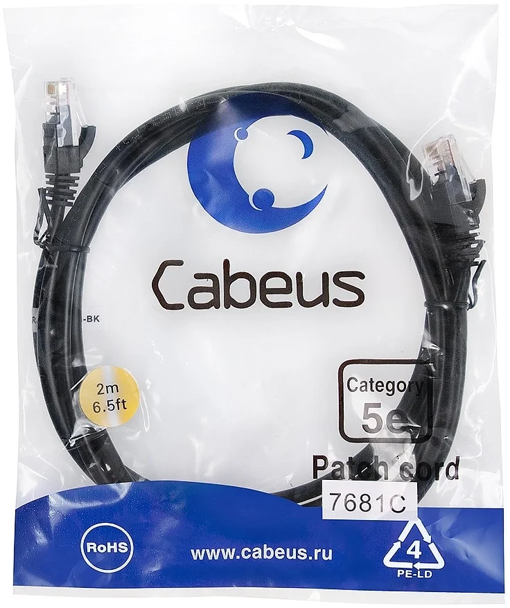 Патч-корд Cabeus PC-UTP-RJ45-Cat.5e-2m-BK, U/UTP, кат.5e, 2×RJ45, 2 м, черный