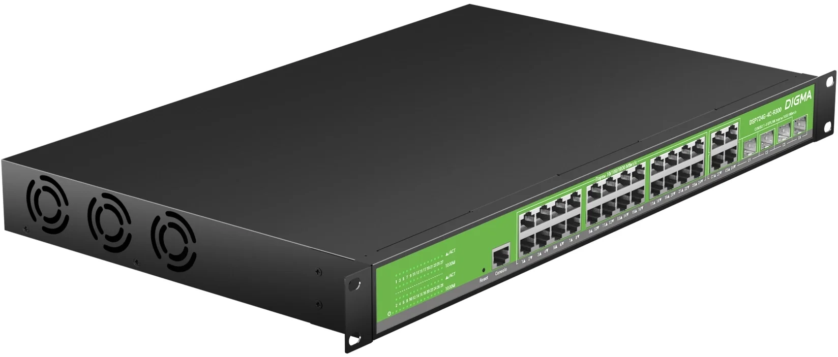 Коммутатор Digma DSP724G-4C-R300, L2+, 24×1 Гбит/с PoE+, 4×Combo, 300 Вт, 1U
