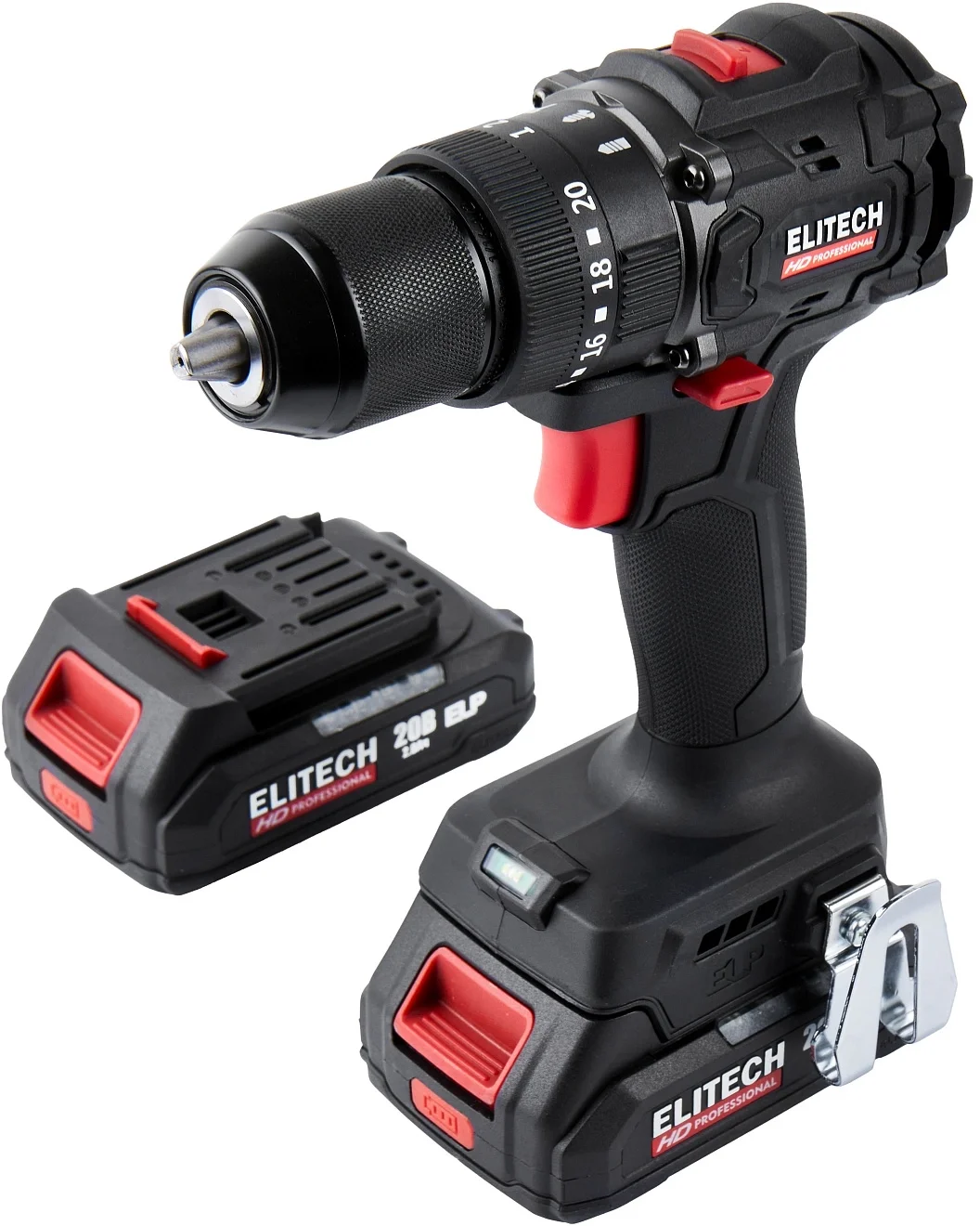 Дрель-шуруповёрт Elitech CD 20ISL2, 20 В, 2 Ач, 60 Нм, бесщеточный, ударный