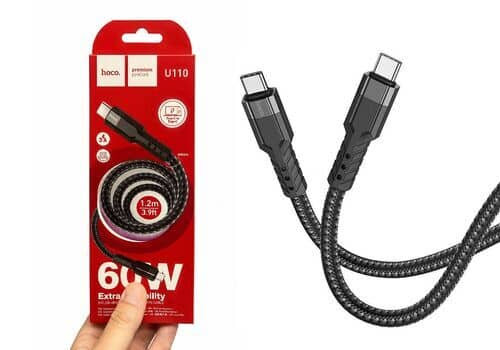 Кабель Hoco U110, USB-C — USB-C, 1.2 м, 3 А, в оплетке, черный