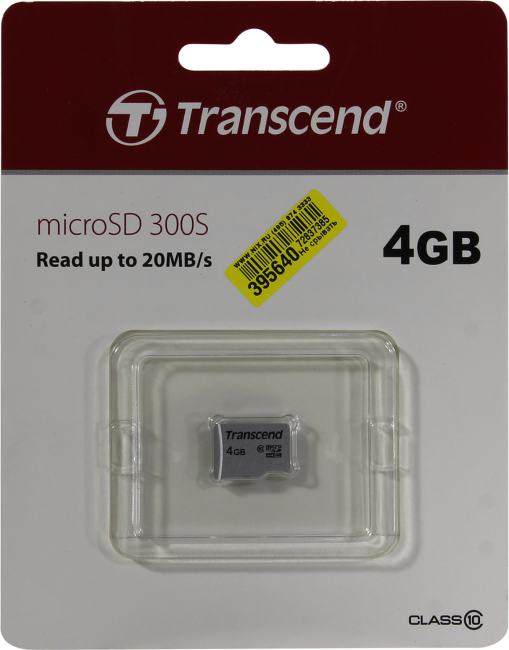 Карта памяти Transcend TS4GUSD300S microSDHC 4 ГБ, Class 10, TLC