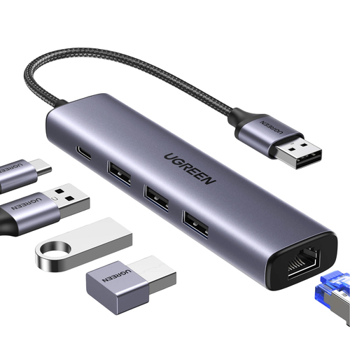 Док-станция UGREEN CM475 60554, USB-C, 3×USB-A 3.2 Gen 1, 1×USB-C, RJ-45, серая