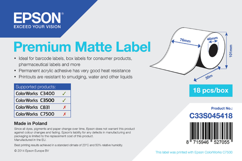 Этикетки EPSON C33S045418, матовые, 76×35м