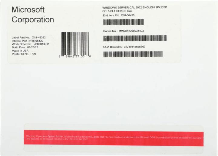 Лицензия Microsoft Windows Server CAL 2022, R18-06430, 5 устройств, Device CAL, ENG
