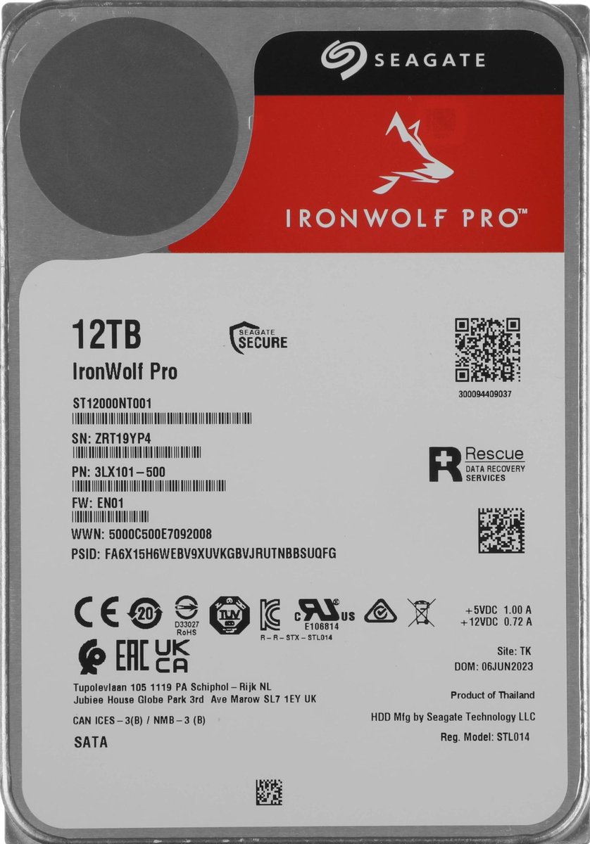 Жёсткий диск Seagate IronWolf Pro ST12000NT001, 12 ТБ, SATA III, 7200 об/мин, 256 МБ, 3.5"