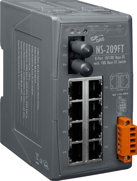 Коммутатор ICP DAS NS-209FT CR, 8×10/100BaseTX + 1×10/100BaseFX ST, L2, DIN