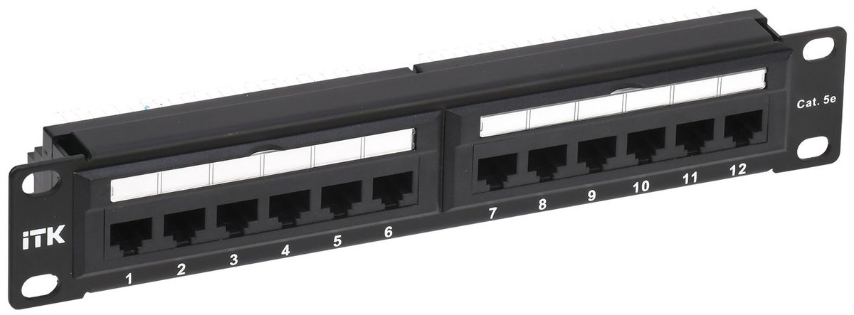 Патч-панель ITK PP12-1UC5EU-D05-10, 10" 1U, 12×RJ45 кат.5E UTP, Dual IDC