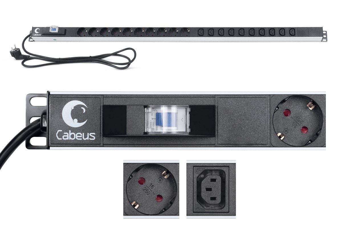 Блок распределения питания Cabeus PDU-16-10S-10C13-B, 19", 10×Schuko + 10×IEC C13, 16 А