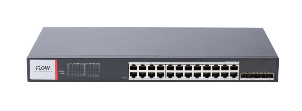 Коммутатор IFLOW F-SW-IM628HPOE-PM-24G4GO, 24×PoE RJ45, 4×SFP, L2, 480 Вт