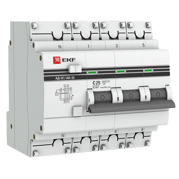 Дифференциальный автомат EKF АД-32 PROxima DA32-25-30-4P-pro, 3P+N, C 25 А, 30 мА, тип AC