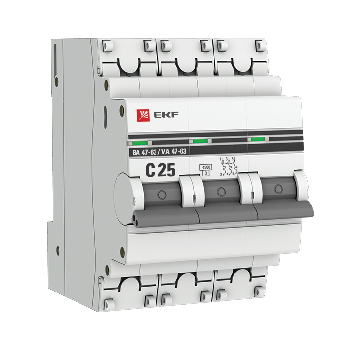 Автоматический выключатель EKF ВА 47-63 PROxima mcb4763-3-25C-pro, 3P, 25 А, C, 4,5 кА