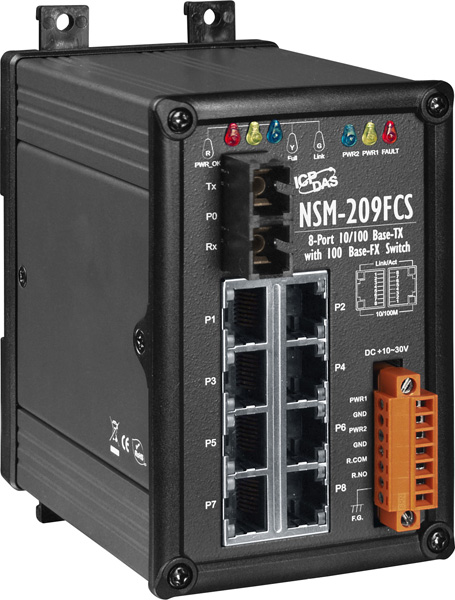 Коммутатор ICP DAS NSM-209FCS, 8×10/100BaseTX, 1×10/100BaseFX SC, одномод, L2
