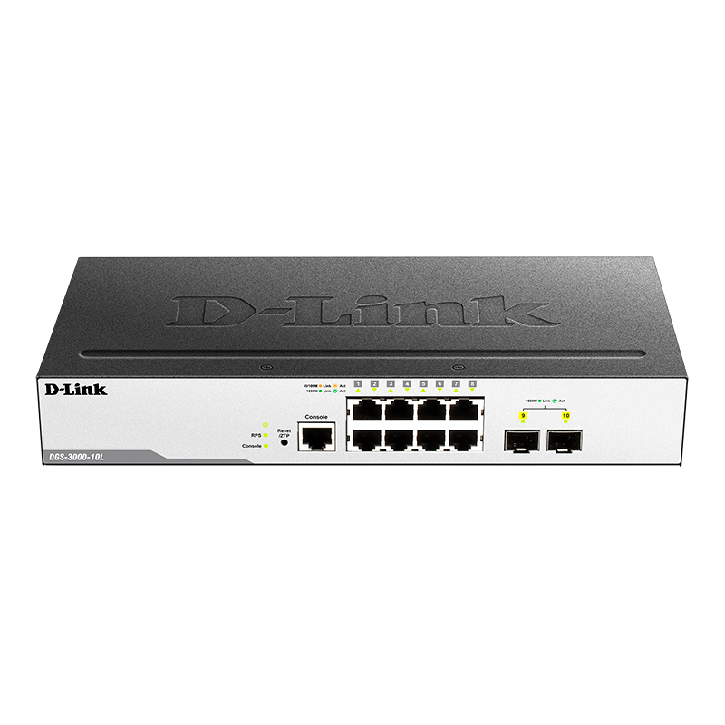 D-Link DGS-3000-10L/B1A Управляемый коммутатор 2 уровня с 8 портами 10/100/1000Base-T и 2 портами 1000Base-X SFP