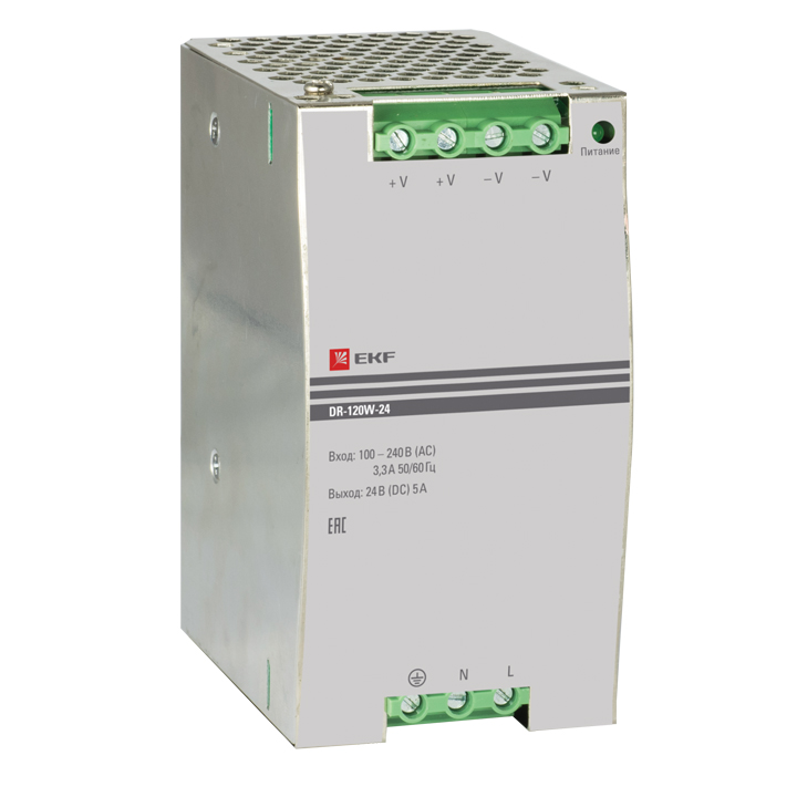 Блок питания EKF DR-120W-24, 24В DC, 5А, 120Вт, DIN-рейка