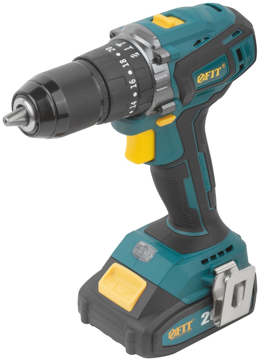Дрель-шуруповерт FIT 79903, аккумуляторная, 20 В, 55 Нм, бесщеточная, 2×2,0 Ач, кейс