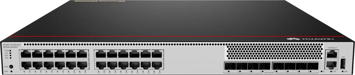 Коммутатор Huawei S5755-S24P8Y, L3, 24×1GbE PoE+, 8×25G, 840W PoE