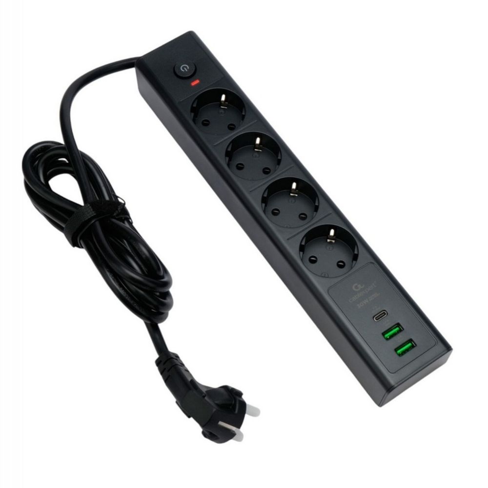 Сетевой фильтр Cablexpert Exnovo EXN-4-CU2-B-2, 4 розетки, USB-C 30 Вт PD, 2 м