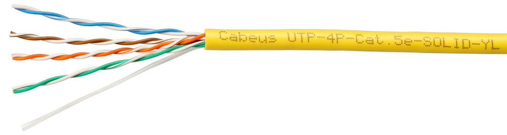 Кабель Cabeus UTP-4P-Cat.5e-SOLID-YL-100, U/UTP 5e, 4 пары 24 AWG, одножильный, 100 м