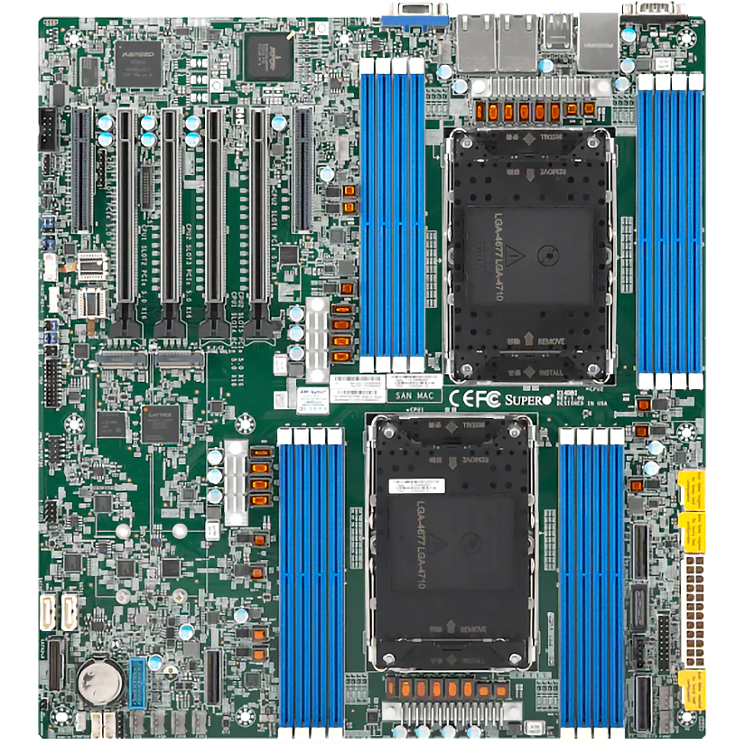 Системная плата/ MB Supermicro X14DBI, E-ATX, 2x LGA-4710 (Intel Xeon 6700/6500 with P-cores/6700 with E-cores), 16x DDR5 ECC RDIMM 6400MT/s, 4x PCIe 5.0 x16, 2x PCIe 5.0 x8, 3x PCIe 5.0 x8 via MCIO, 2x M.2 PCIe 5.0 x4 slots (M-key 2280/22110), 10x SATA3, 1x dual 1GBase-T LAN (Broadcom BCM5720), AST2600