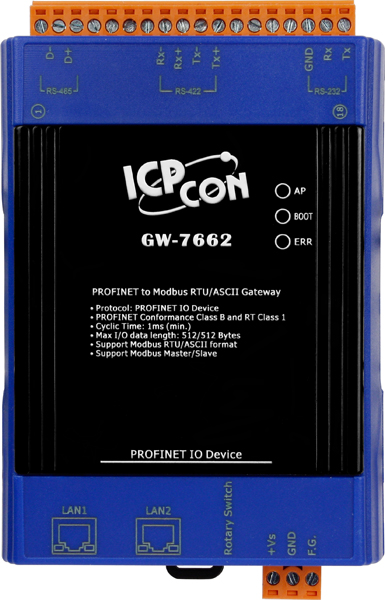 Преобразователь ICP DAS GW-7662 CR, PROFINET — Modbus RTU/ASCII, DIN-рейка