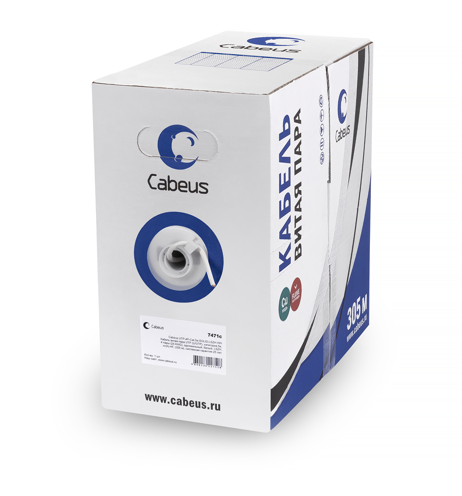 Кабель Cabeus UTP-4P-Cat.6-SOLID-LSZH-WH, U/UTP, кат. 6, 4 пары, 23 AWG, 305 м