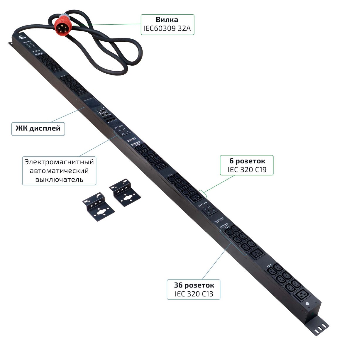 Блок распределения питания Cabeus SMART-PDU-32-3P-36C13-6C19-I309-CM, 3 фазы, 32 А, 400 В