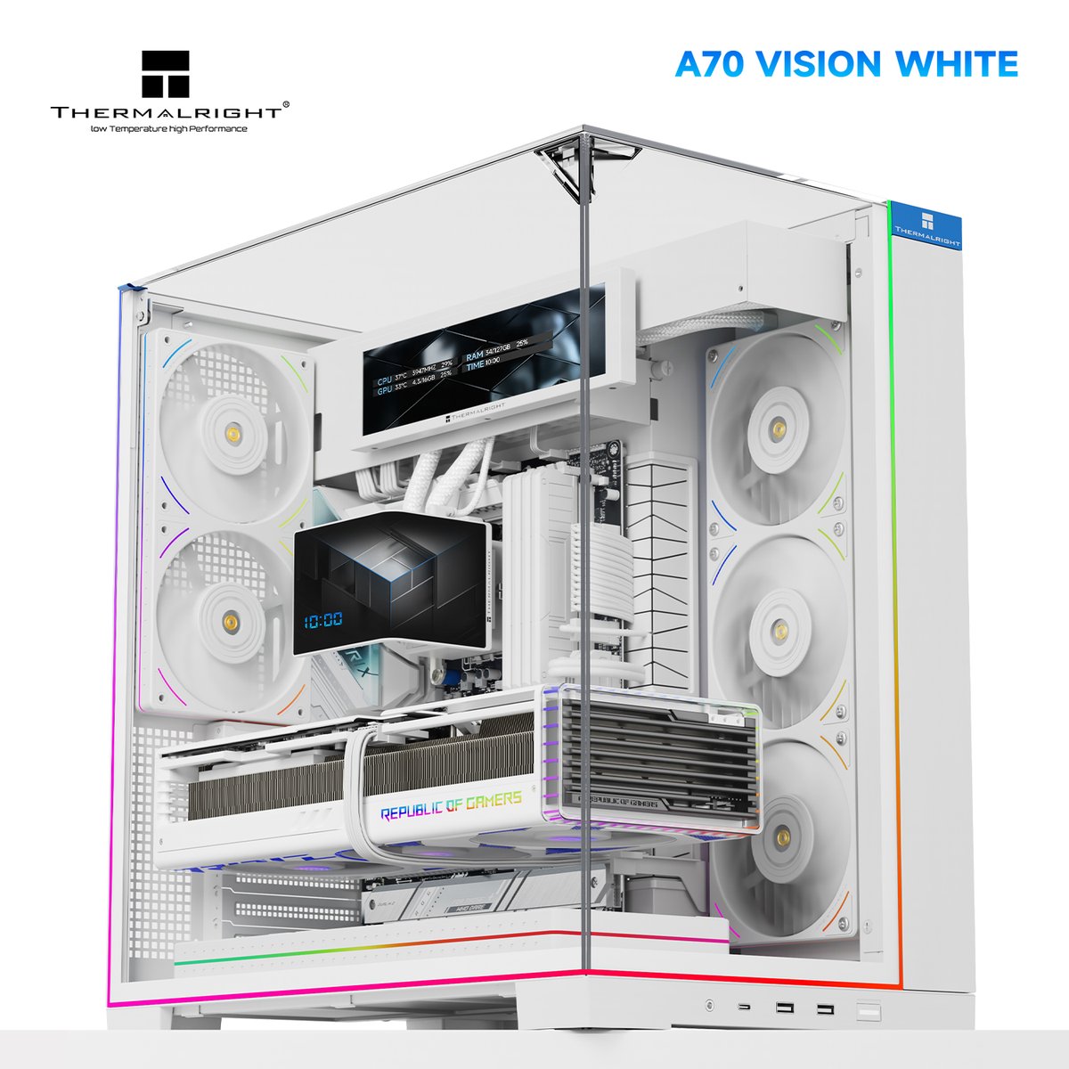 Корпус без блока питания/ Case Thermalright A70 Vision FAN5-C, Midi-Tower, TG, LCD, 5x120mm ARGB, 2xUSB-A 3.0, 1xUSB Type-C, ATX, mATX, mITX White