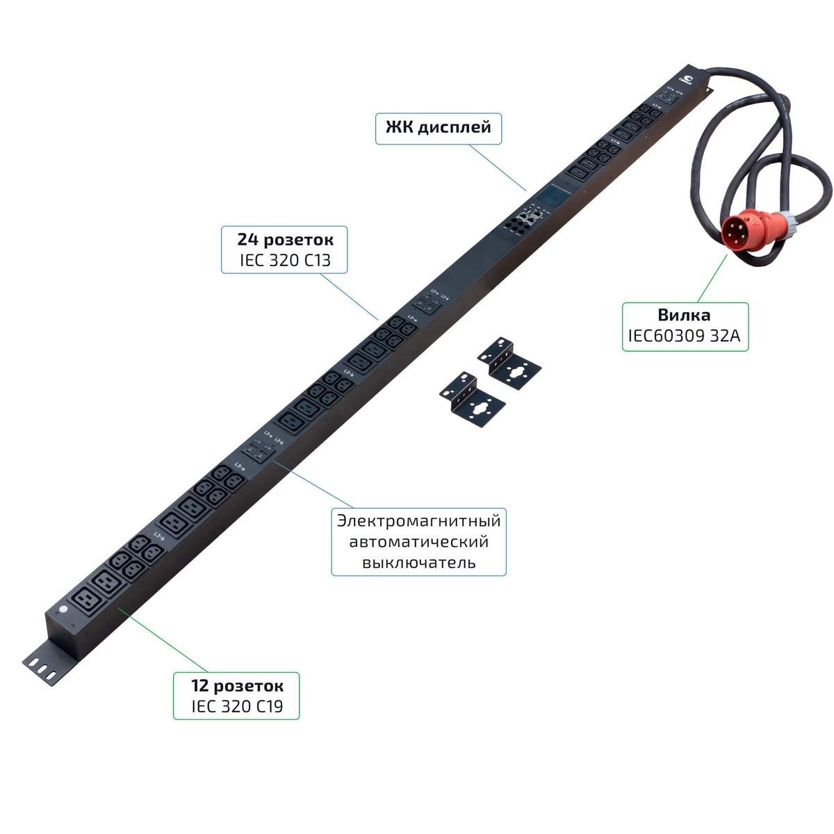 Блок распределения питания Cabeus SMART-PDU-32-3P-24C13-12C19-I309-M, 3 фазы, 32 А
