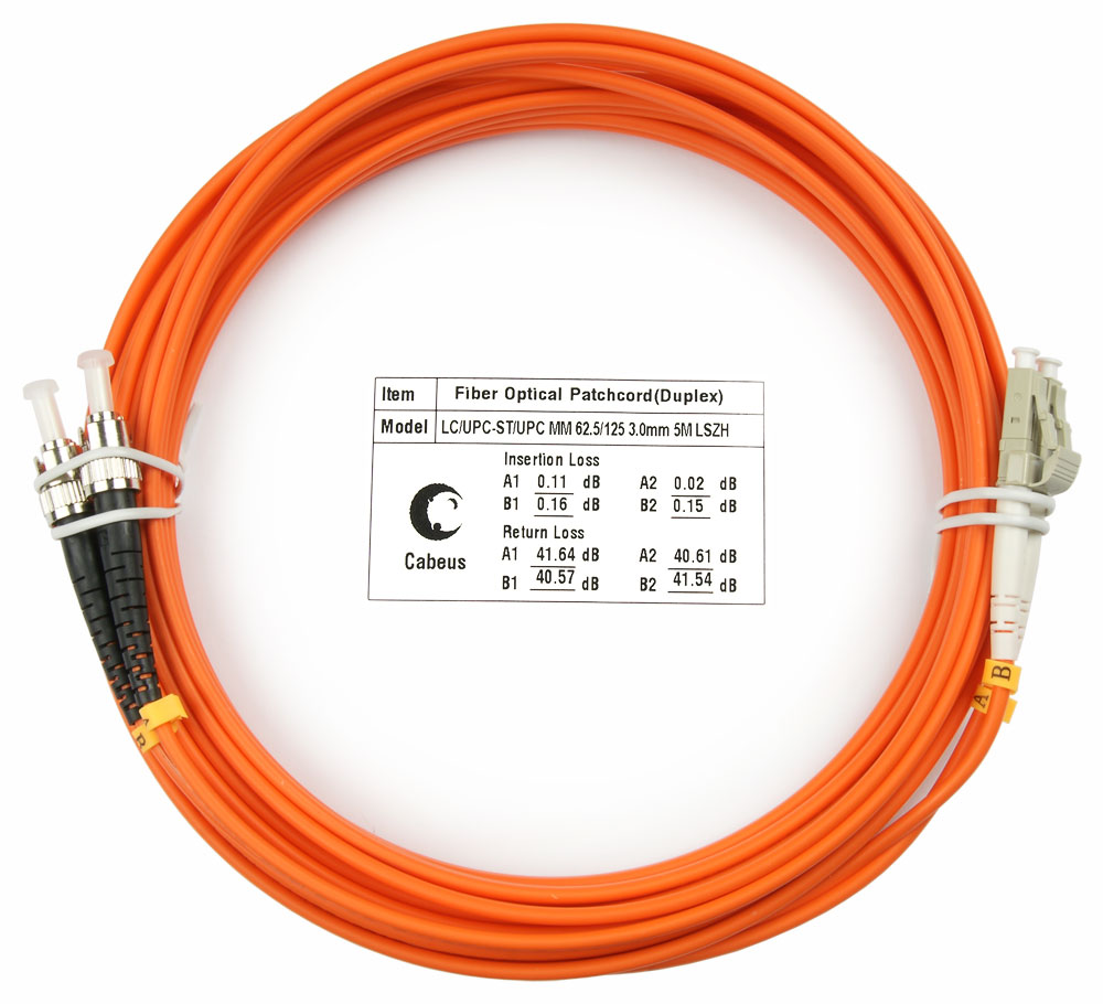 Патч-корд оптический Cabeus FOP-62-LC-ST-5m, duplex LC-ST, 62,5/125 MM, 5 м, LSZH