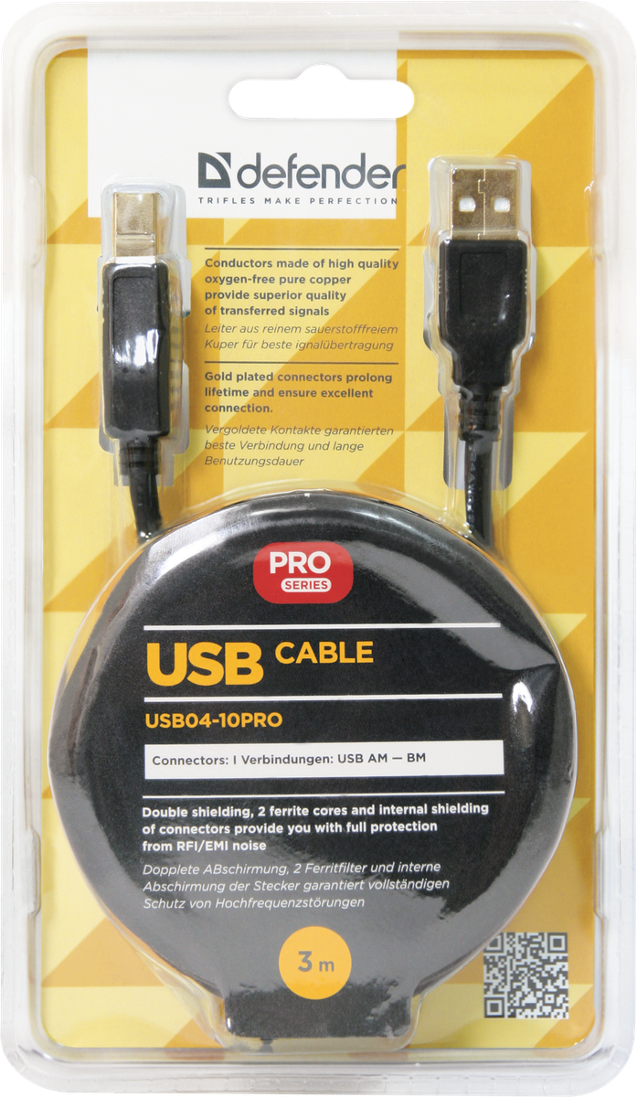 Кабель Defender USB04-10 PRO 87431, USB 2.0 AM/BM, 3 м, позолоченные контакты