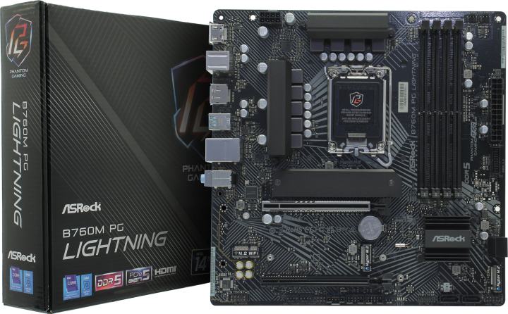 Материнская плата ASRock B760M PG Lightning, LGA 1700, Intel B760, 4xDDR5, 4xSATA, 3xM.2, 1xPCIe 5.0 x16, 1xPCIe 3.0 x4, 1xDP, 1xHDMI, 1x 2.5Gb LAN, 2xUSB-A 3.2 Gen 1, 3xUSB 2.0, 3x3.5 мм, 7.1, mATX