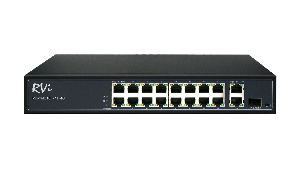 Коммутатор RVI RVi-1NS16F-1T-1C, 16×PoE, 2×GbE Uplink, 1×SFP
