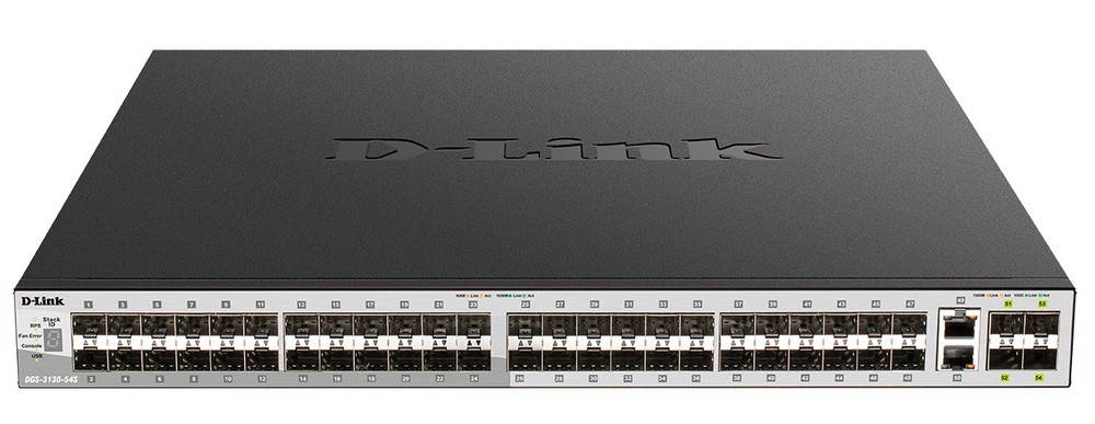 Коммутатор D-Link DGS-3130-54S/B1A, управляемый L3, 48×1000Base-X SFP, 2×10GBase-T, 4×SFP+