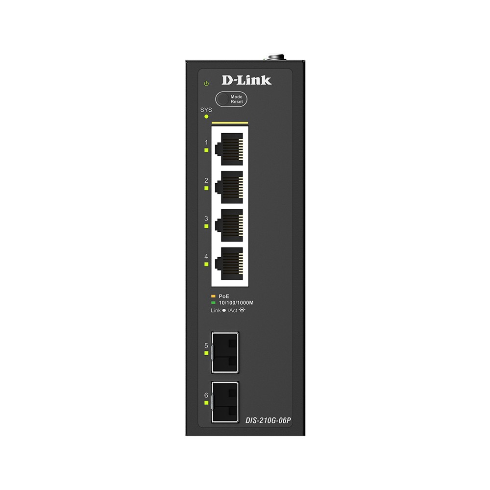 Коммутатор D-Link DIS-210G-06P/A1A, промышленный управляемый L2, 4×1GbE PoE, 2×SFP, 120 Вт