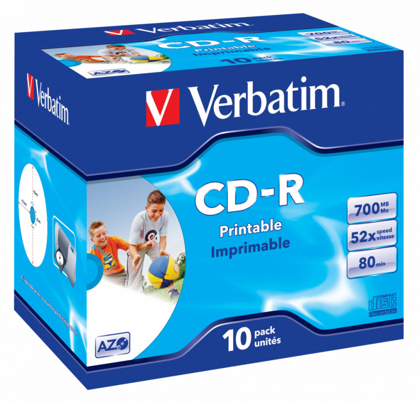 Диски CD-R Verbatim Printable Surface, 700 МБ, 80 мин, 52x, Jewel Case, 10 шт