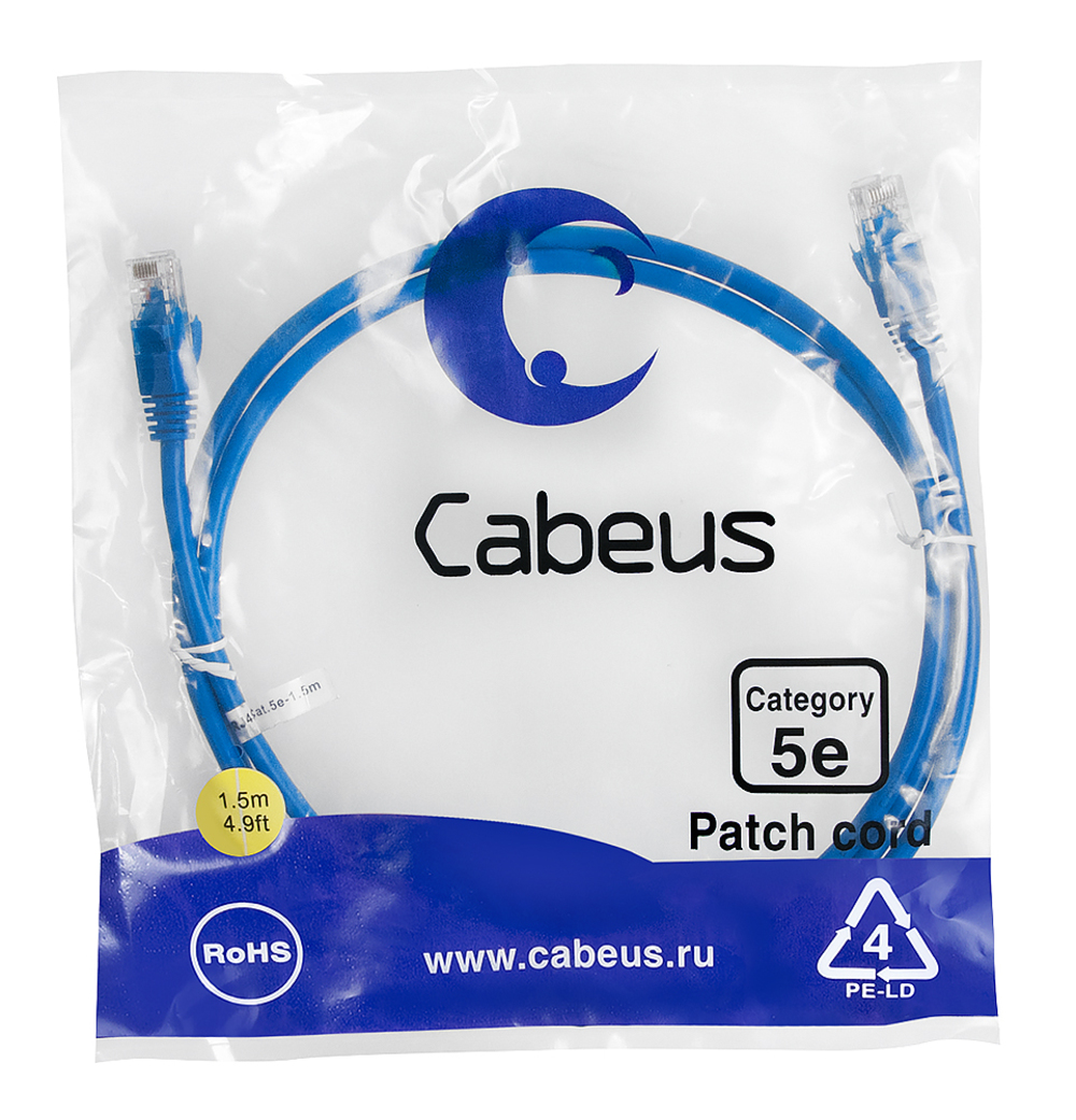 Патч-корд Cabeus PC-UTP-RJ45-CAT.5E-1.5M-BL, U/UTP кат. 5e, 2×RJ45, 1.5 м, синий