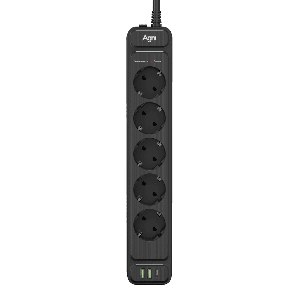Сетевой фильтр AGNI TP-FS3U5E-PD-2m-black, 5 розеток, 2xUSB, Type-C, 2м