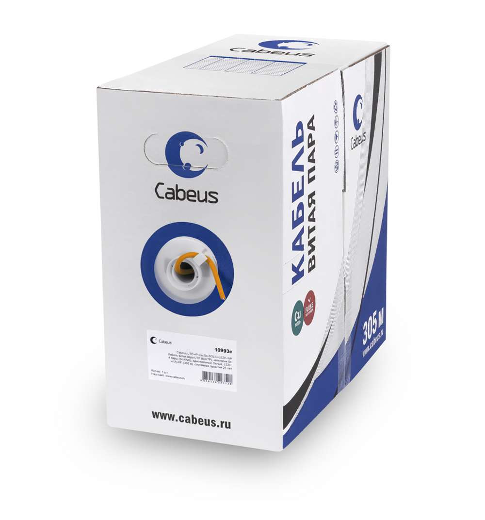Кабель Cabeus UTP-4P-Cat.5e-SOLID-OR, U/UTP кат. 5e, 4 пары, 24 AWG, 305 м
