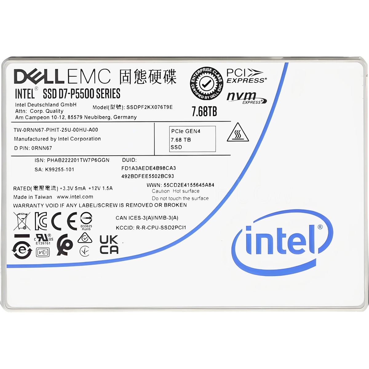 SSD Intel SSDPF2KX076T9N1, 7.68ТБ, U.2 NVMe PCIe 4.0 x4, 2.5"