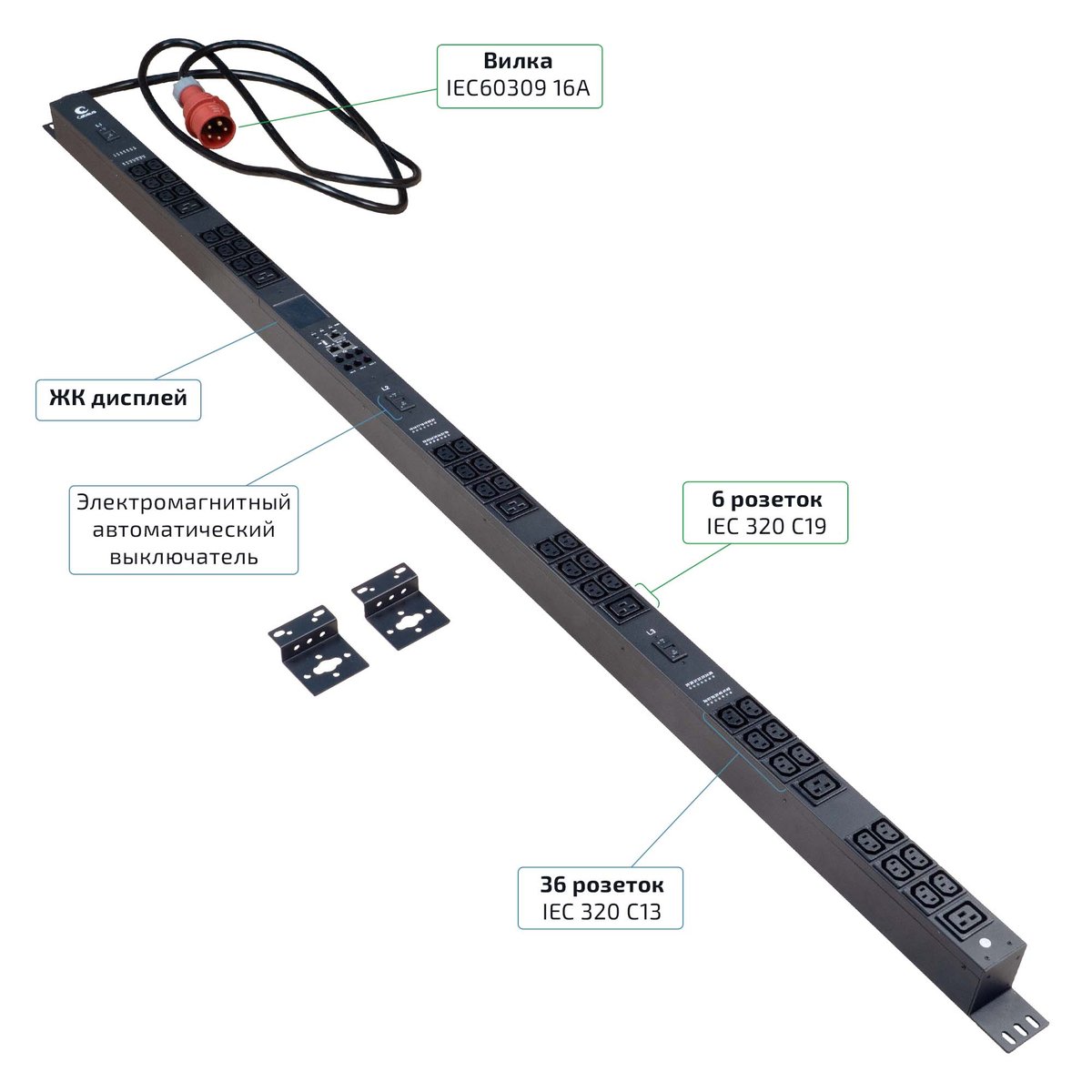 Блок распределения питания Cabeus SMART-PDU-16-3P-36C13-6C19-I309-CM, 3 фазы, 16 А